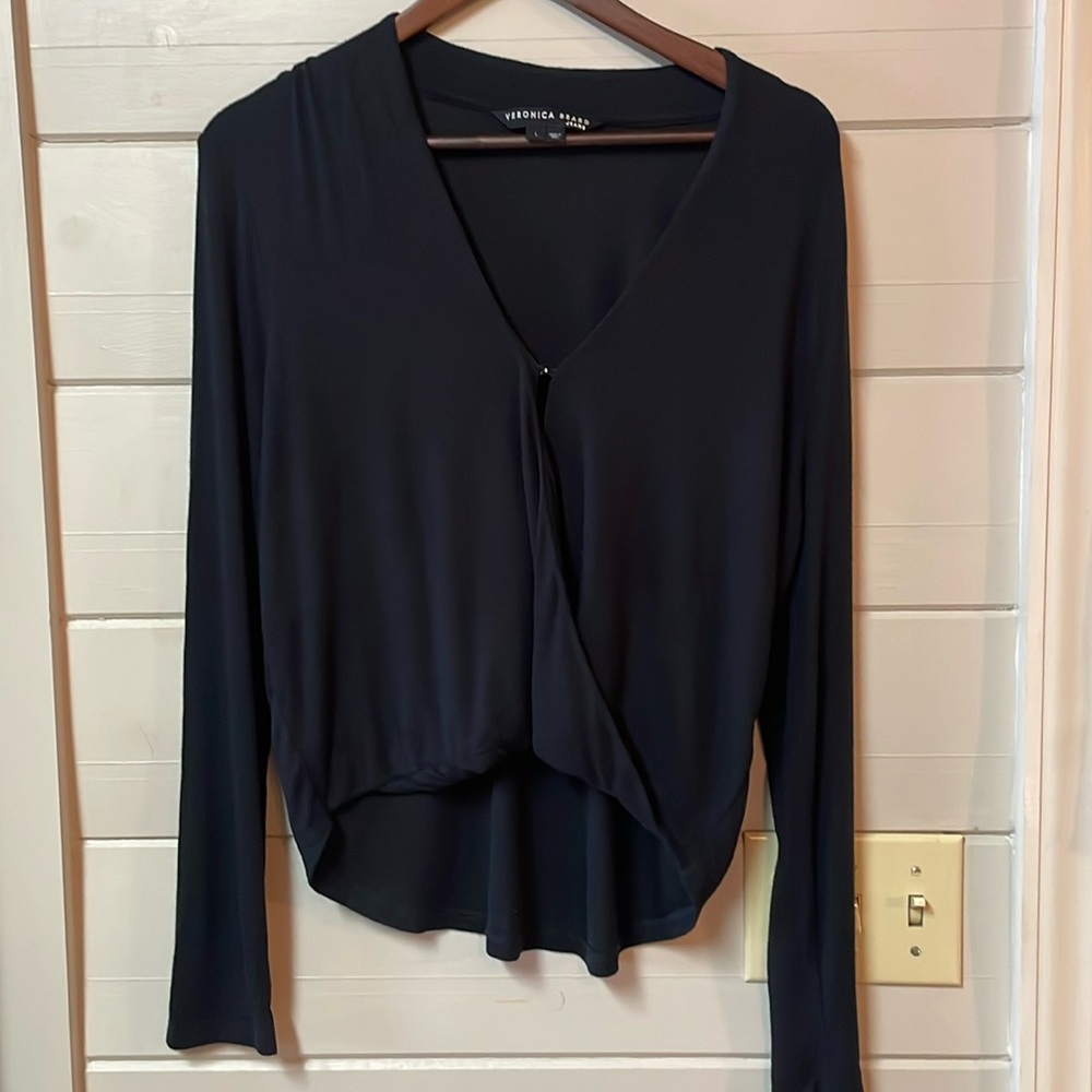 Veronica Beard Black Faux Wrap Modal Long Sleeve Top Size L.